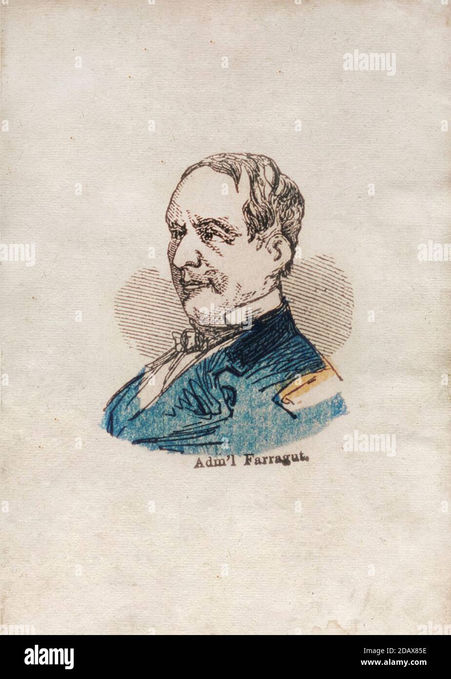Gravur von David Glasgow Farragut. David Glasgow Farragut (1801 – 1870) war während des amerikanischen Bürgerkrieges Flaggenoffizier der United States Navy. Stockfoto
