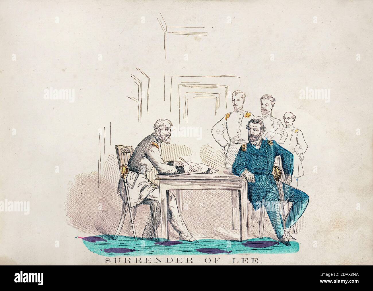 Amerikanischer Bürgerkrieg. 1861-1865. Die Übergabe von General Robert E. Lee an Generalleutnant Ulysses S. Grant im Appomattox Court House. USA. April Stockfoto