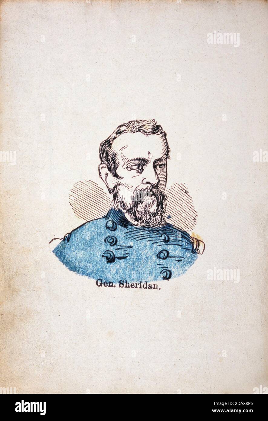 Gravur von General Sheridan. Philip Henry Sheridan (1831 – 1888) war ein Karriere-United States Army Officer und ein Union General in der American Civil W Stockfoto