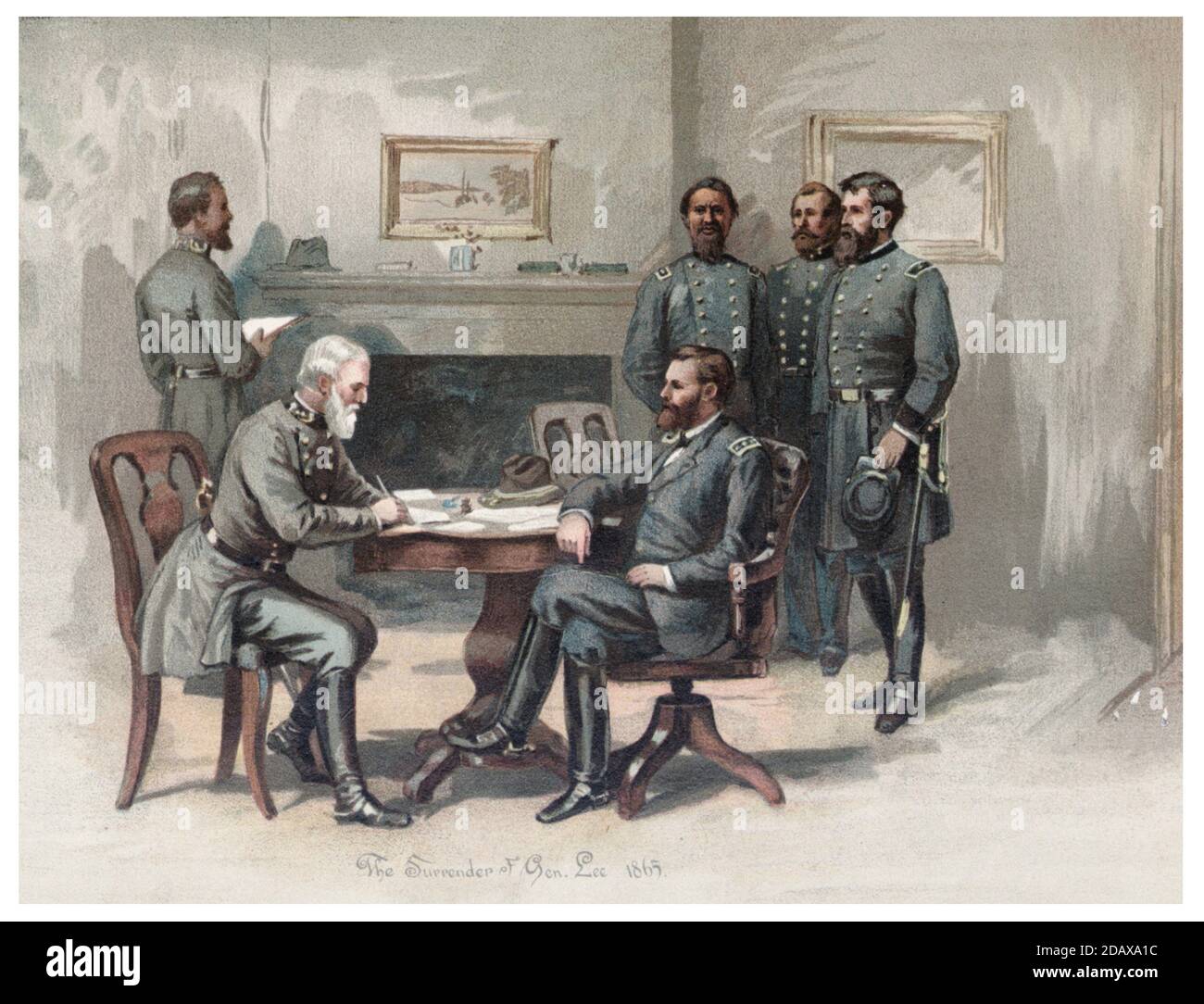 Amerikanischer Bürgerkrieg. 1861-1865. Die Übergabe von General Robert E. Lee an Generalleutnant Ulysses S. Grant im Appomattox Court House. USA. April Stockfoto