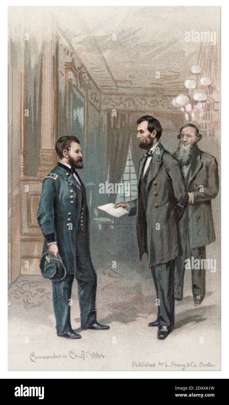 Präsident Abraham Lincoln übergibt General Ulysses S. Grant einen Befehl, ihn zum Oberbefehlshaber der Unionsarmee zu ernennen. USA. 1864 Stockfoto