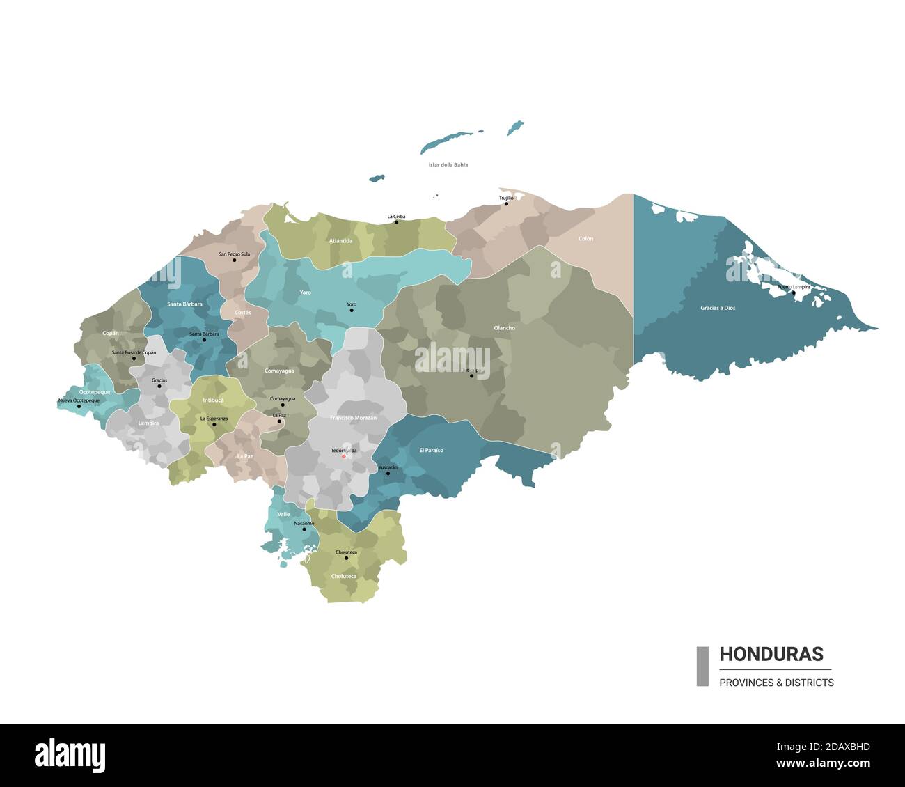 Honduras hat eine detaillierte Karte mit Unterteilungen. Verwaltungskarte von Honduras mit Bezirken und Städten Namen, farbig nach Bundesstaaten und administrative dist Stock Vektor