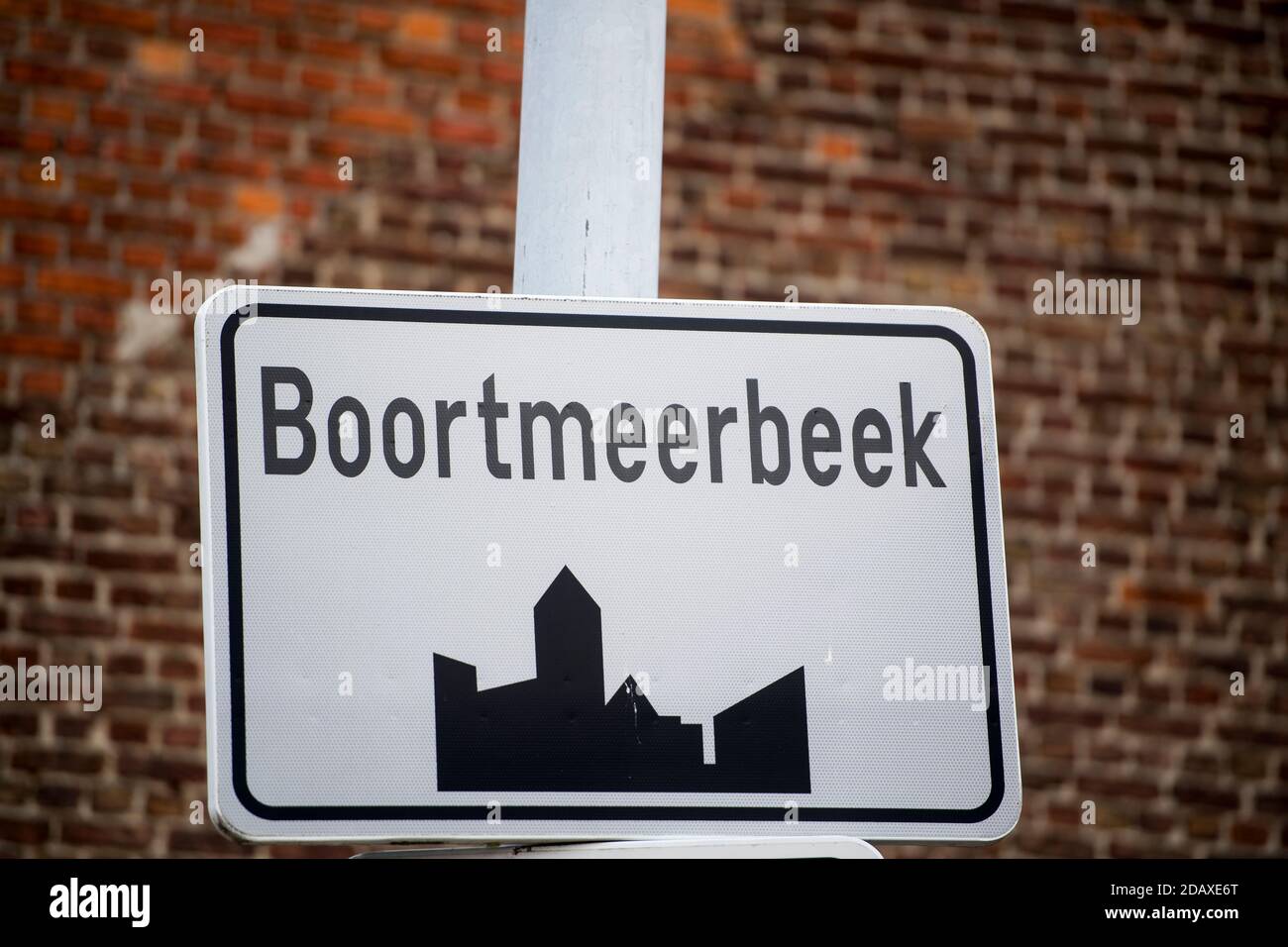 Abbildung zeigt den Namen der Gemeinde Boortmeerbeek auf einem Straßenschild, Dienstag, 28. August 2018. BELGA FOTO JASPER JACOBS Stockfoto