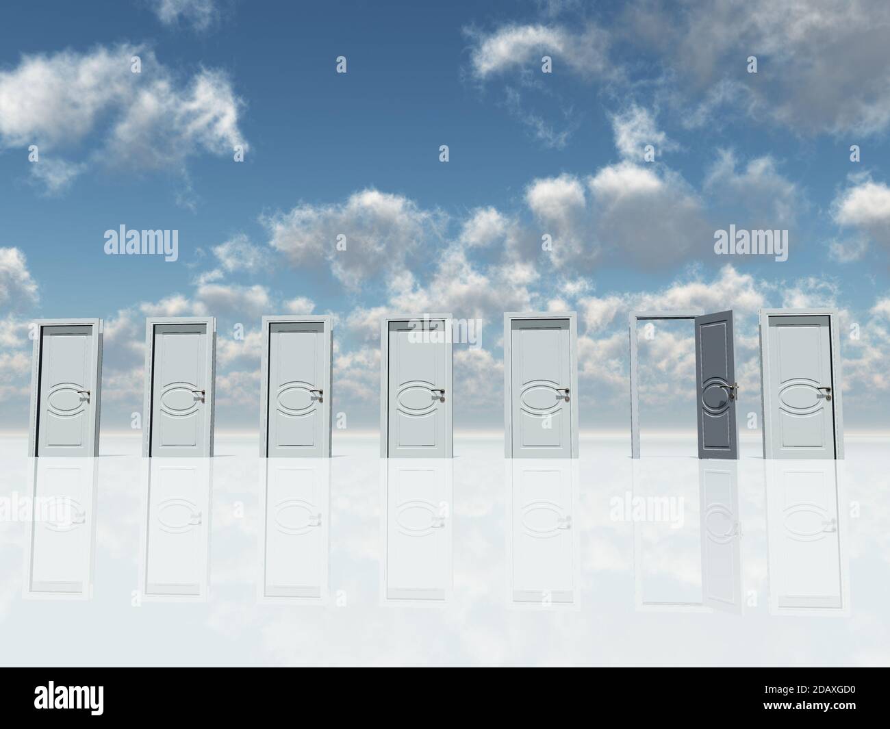 Einzelne offene Tür unter mehreren in surrealer Landschaft. 3D-Rendering Stockfoto