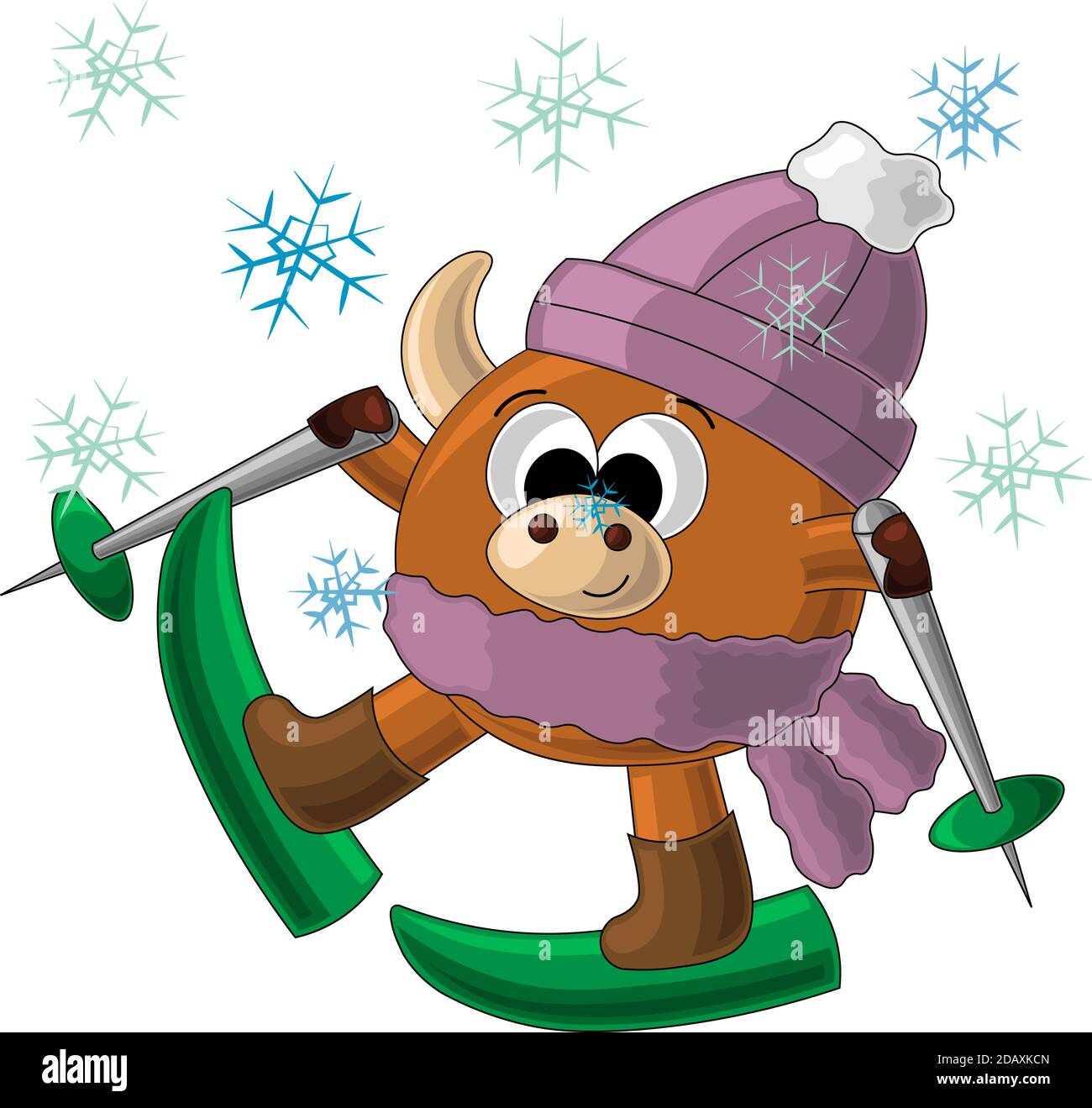 Niedliche Cartoon Stier in Hut und Schal mit Skiern Stock Vektor