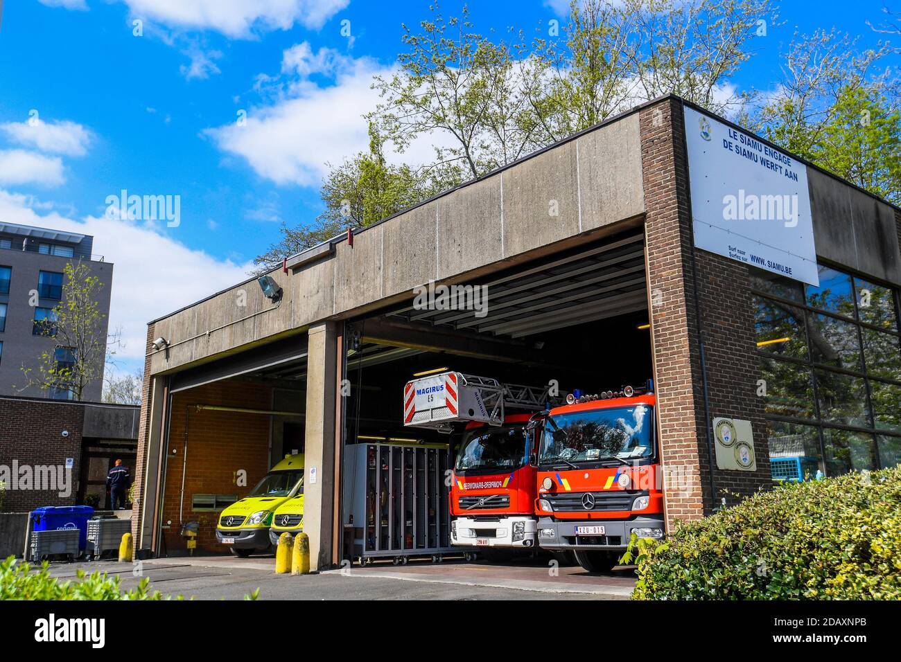 Abbildung Bild zeigt die Feuerwehrstation in Auderghem / Oudergem, einer der 19 Gemeinden der Region Brüssel-Hauptstadt, Dienstag 14 UHR Stockfoto