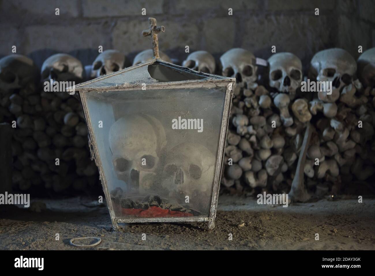 Zwei Menschenschädel auf dem Friedhof Fontanelle (Cimitero delle Fontanelle) in Neapel, Kampanien, Italien. Das ehemalige Leichenhaus (Beinhaus) in einer Höhle im Stadtteil Materdei war der Ort, an dem sich in Neapel der spontane Kult der Hingabe an die Überreste namenlos Verstorbener entwickelte. Die Verteidiger des Kults besuchten die namenlosen Schädel im Beinhaus, um sie zu adoptieren und den Schädeln sogar Namen zu geben. Adoptierte Schädel wurden in der dekorierten Box platziert und wurden zum Gegenstand des regelmäßigen Gebets und Votivopfers. Stockfoto