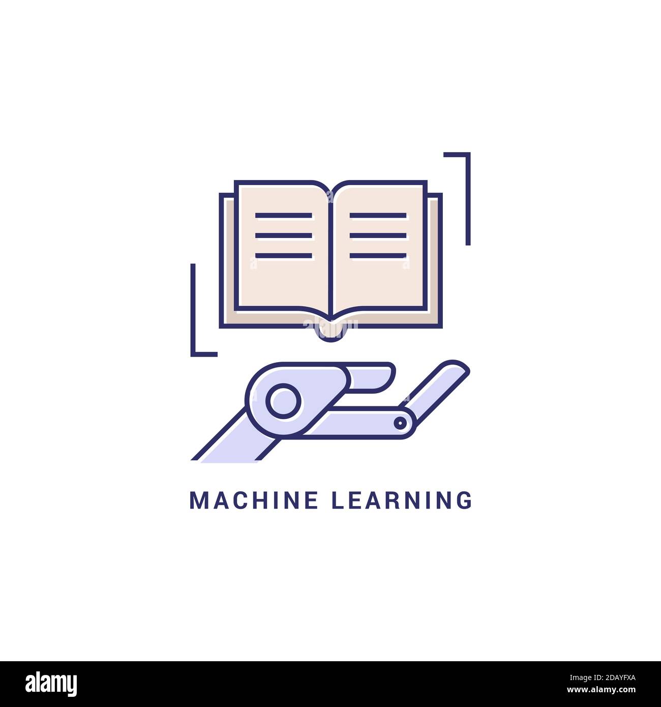 Icon-Logo Robotik und maschinelles Lernen in Form einer Roboterhand und eines Buches in linearer Flachform. EPS 10. Stock Vektor