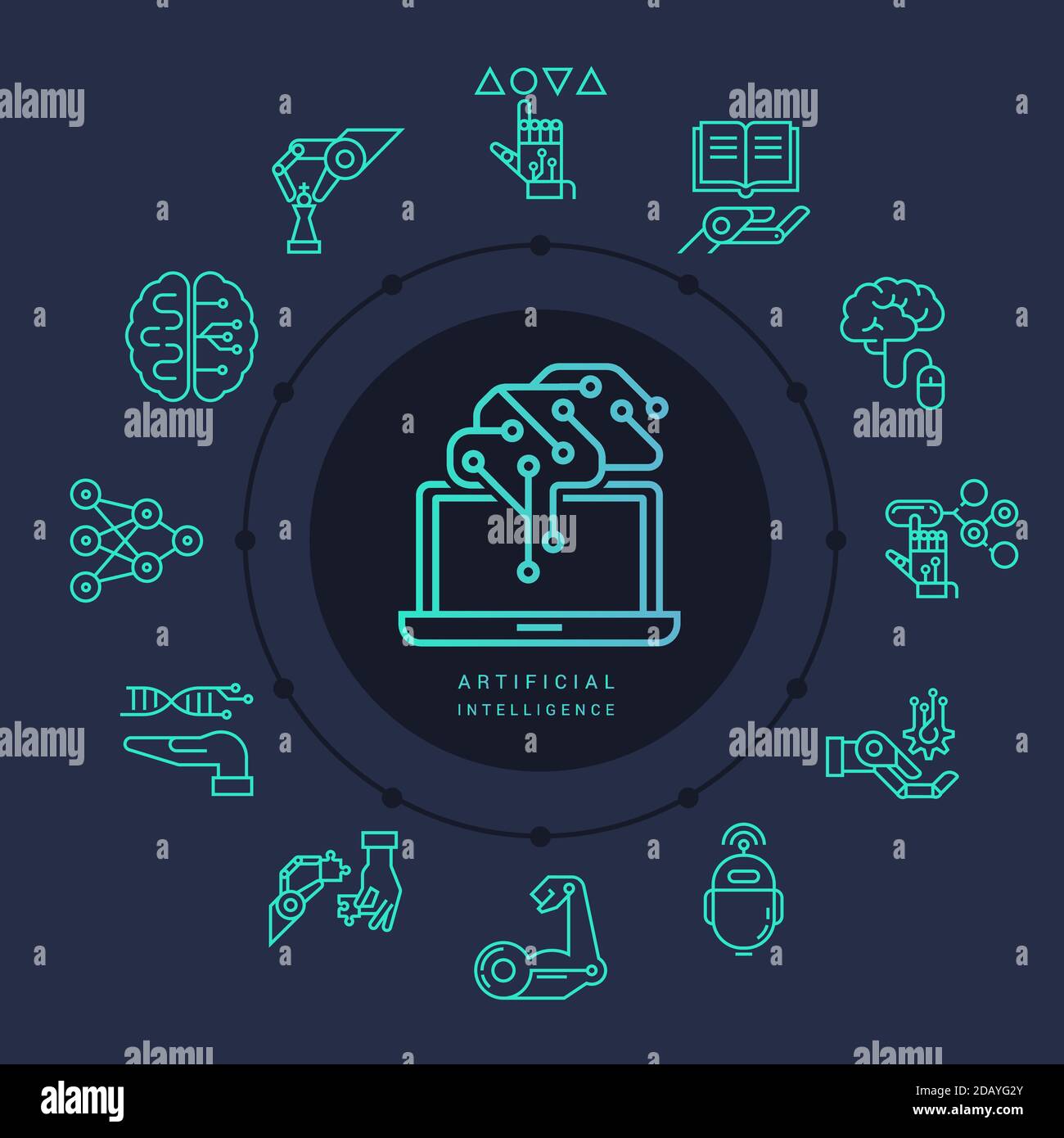 Eine große Sammlung von linearen Icons Roboter künstliche Intelligenz und digitale Automatisierung isoliert im Hintergrund. EPS 10. Stock Vektor