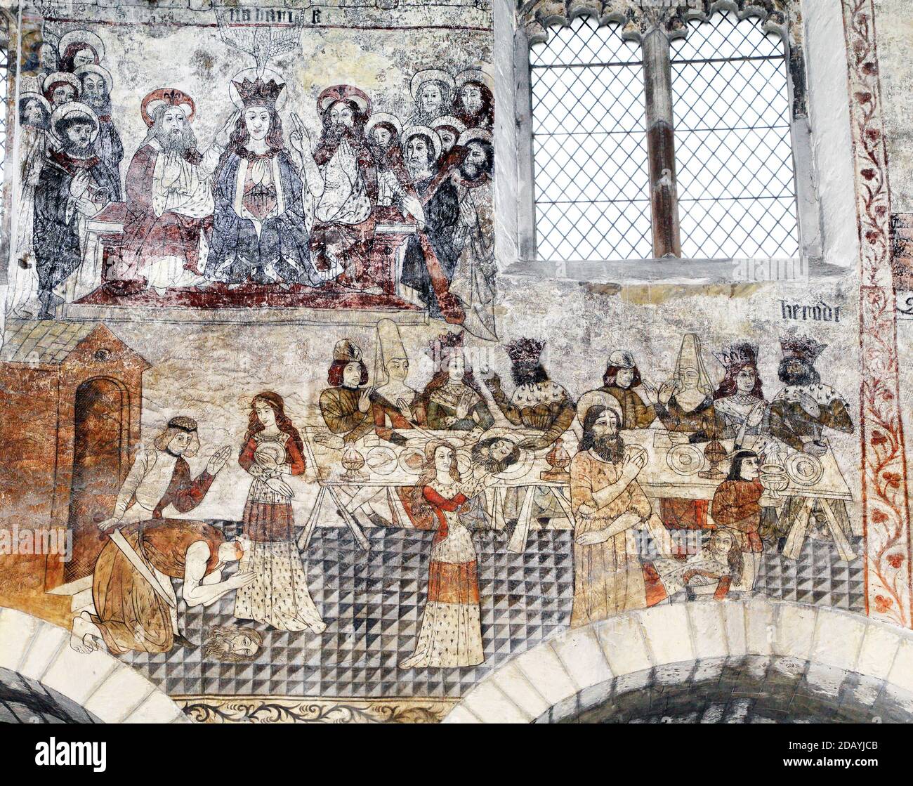Enthauptung von Johannes dem Täufer, Herodes und Salome, Pickering Pfarrkirche, Mittelalter, Wandmalerei, Gemälde, Yorkshire Stockfoto