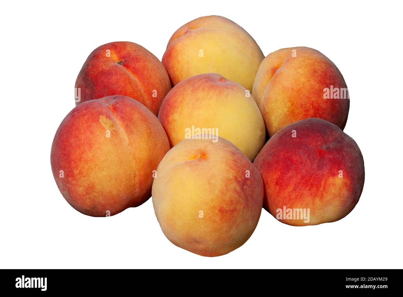 Sieben reife Pfirsiche isoliert auf weißem Hintergrund - Würfel Von Pfirsichen auf weißem Hintergrund - bunte Abstraktion Stockfoto