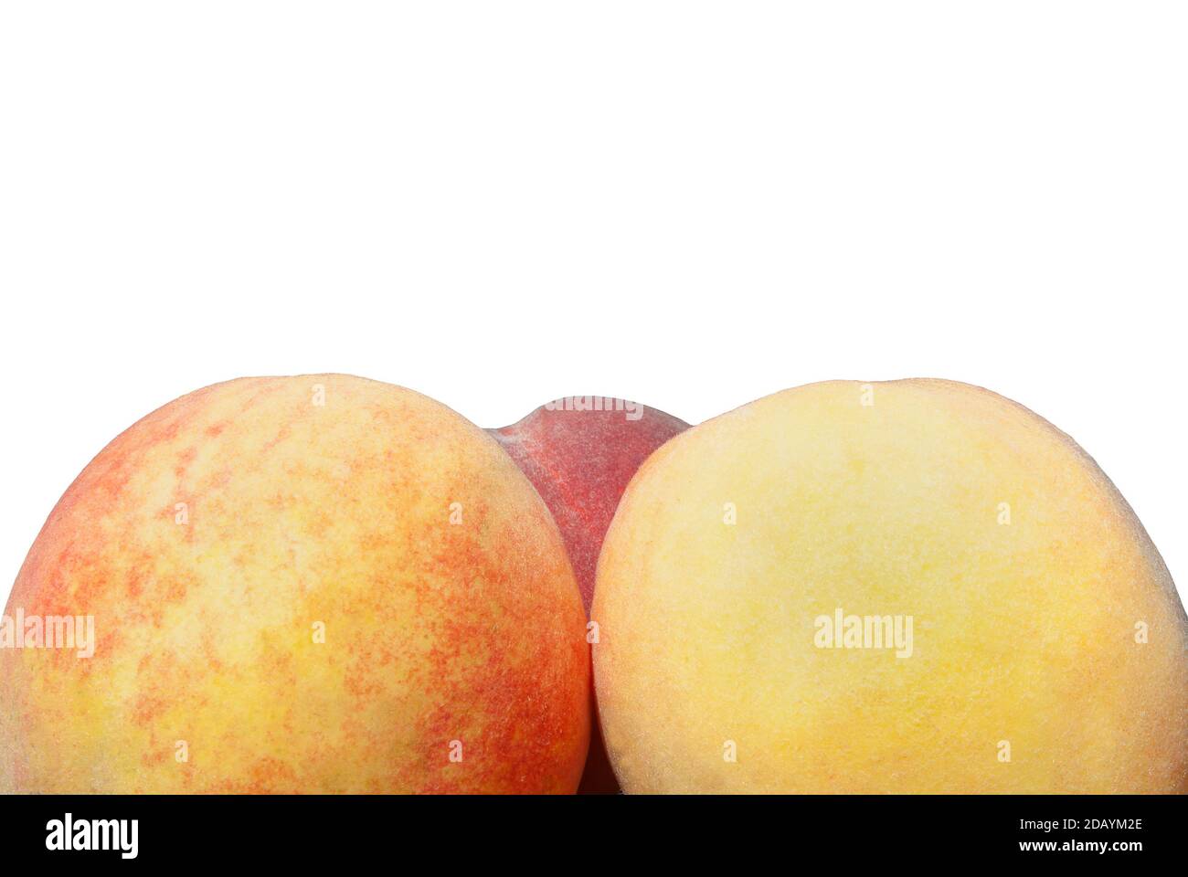 Drei Pfirsiche in Nahaufnahme auf weißem Hintergrund - bunt Abstraktion Stockfoto