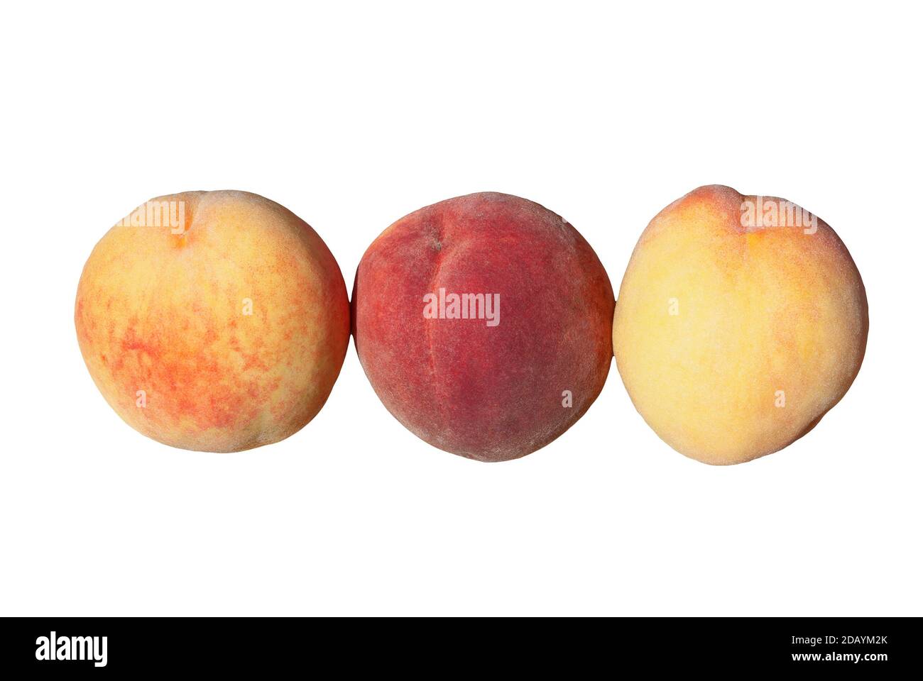 Drei Pfirsiche isoliert auf weißem Hintergrund - horizontal Stockfoto