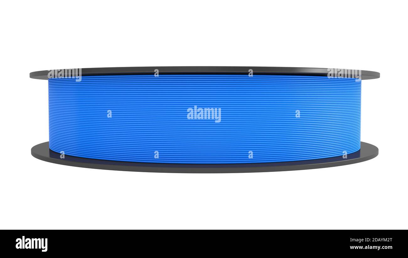 3D-Druck-Filament isoliert auf weißem Hintergrund. Blaue Farbe. Stockfoto