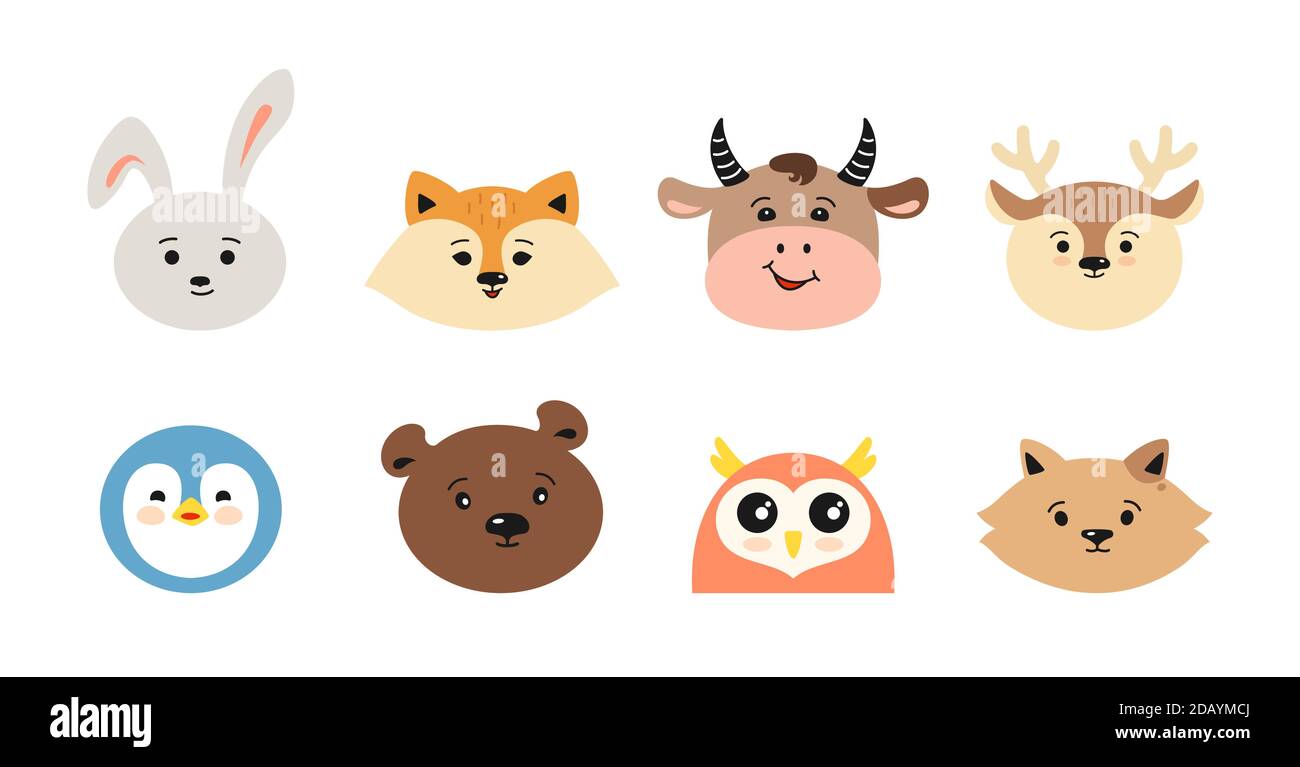 Niedliche Tiergesichter gesetzt. Weihnachten Kopf Hirsch und Fuchs, Bär und Katze, Stier, Eule oder Pinguin. Handgezeichnete Sammlung Charakter Cartoon-Stil Stock Vektor