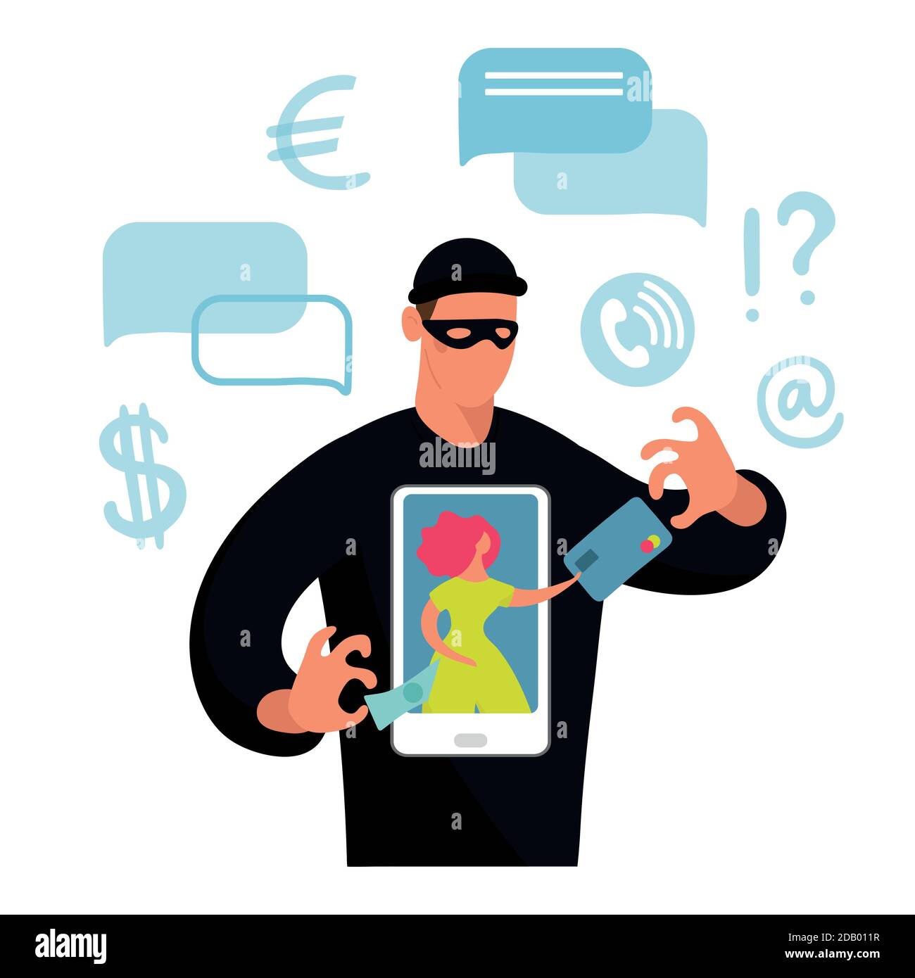 Konzeptionelle Illustration über Online-Betrug, Cyberkriminalität, Daten-Hacking. Das Mädchen auf dem Bildschirm das Telefon und die dunkle Silhouette eines Betrügers, der Geld und eine Bankkarte gestohlen hat. Flache Vektorgrafik Stock Vektor