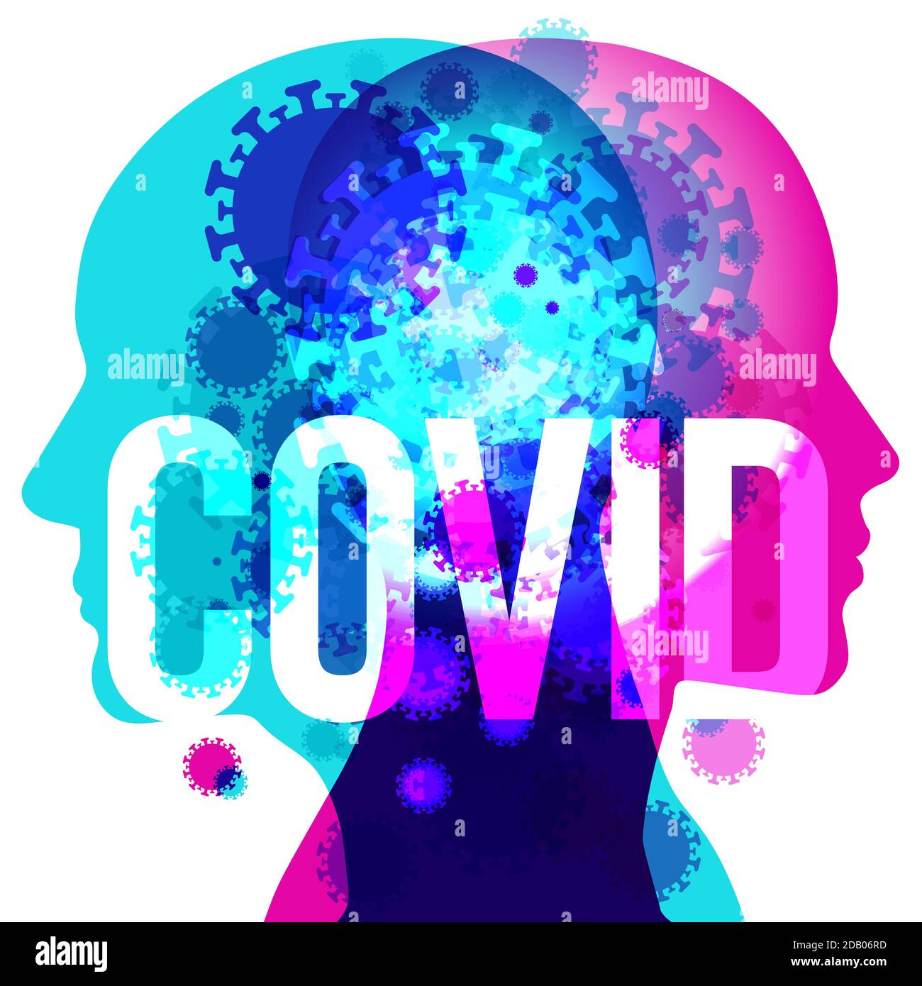 Eine männliche und weibliche Silhouette, die sich hinten an der Rückseite befindet, überzogen mit unterschiedlich großen, sich überlappenden halbtransparenten Coronavirus-Formen und dem Wort „COVID“. Stock Vektor