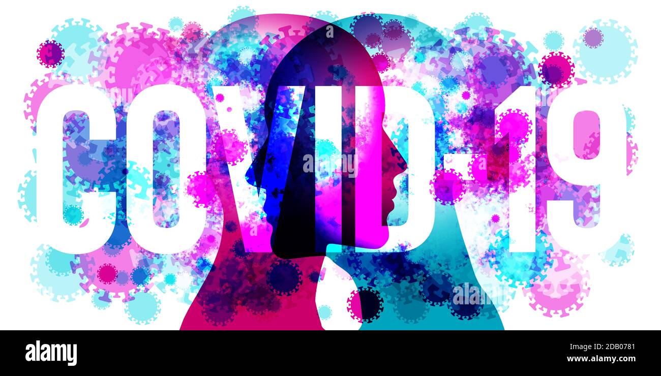 2 Person Gesicht-zu-Gesicht-Silhouette überlagert mit verschieden großen überlappenden halbtransparenten Virusformen. Das Wort „COVID-19“ wird zentral platziert. Stock Vektor