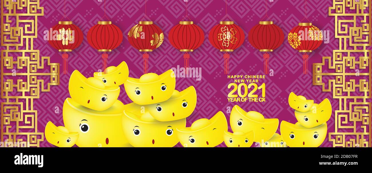 Happy Chinese New Year 2021 Hintergrund mit chinesischen Goldbarren Und Laternen Stock Vektor