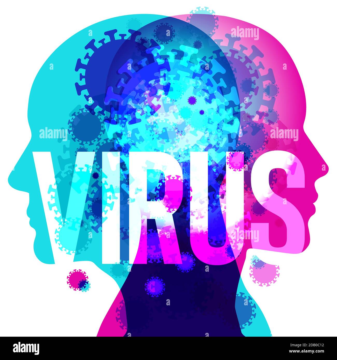 Eine männliche & weibliche Rücken an Rücken Silhouette mit verschiedenen Größen semi-transparente Coronavirus Formen überlagert. Das Wort „VIRUS“ ist zentral platziert. Stock Vektor