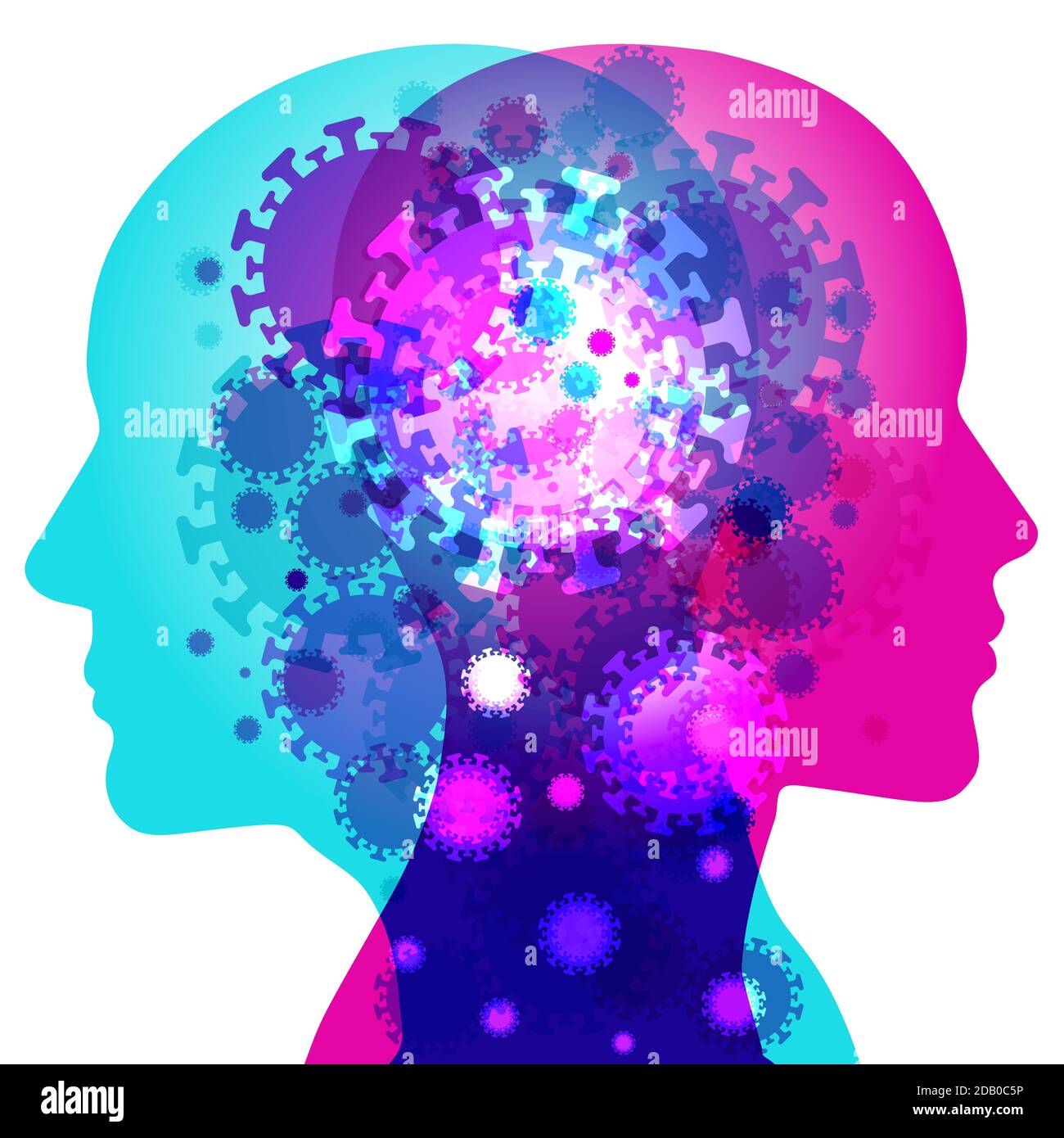 Eine männliche & weibliche Rücken an Rücken Silhouette mit verschiedenen Größen semi-transparente Coronavirus Formen überlagert. Stock Vektor