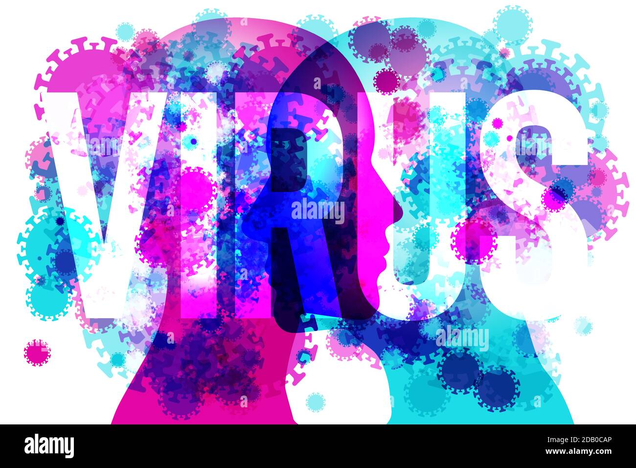 Eine männliche & weibliche Silhouette von Angesicht zu Angesicht mit verschiedenen halbtransparenten Coronavirus-Formen überlagert. Das Wort „VIRUS“ ist zentral platziert. Stock Vektor