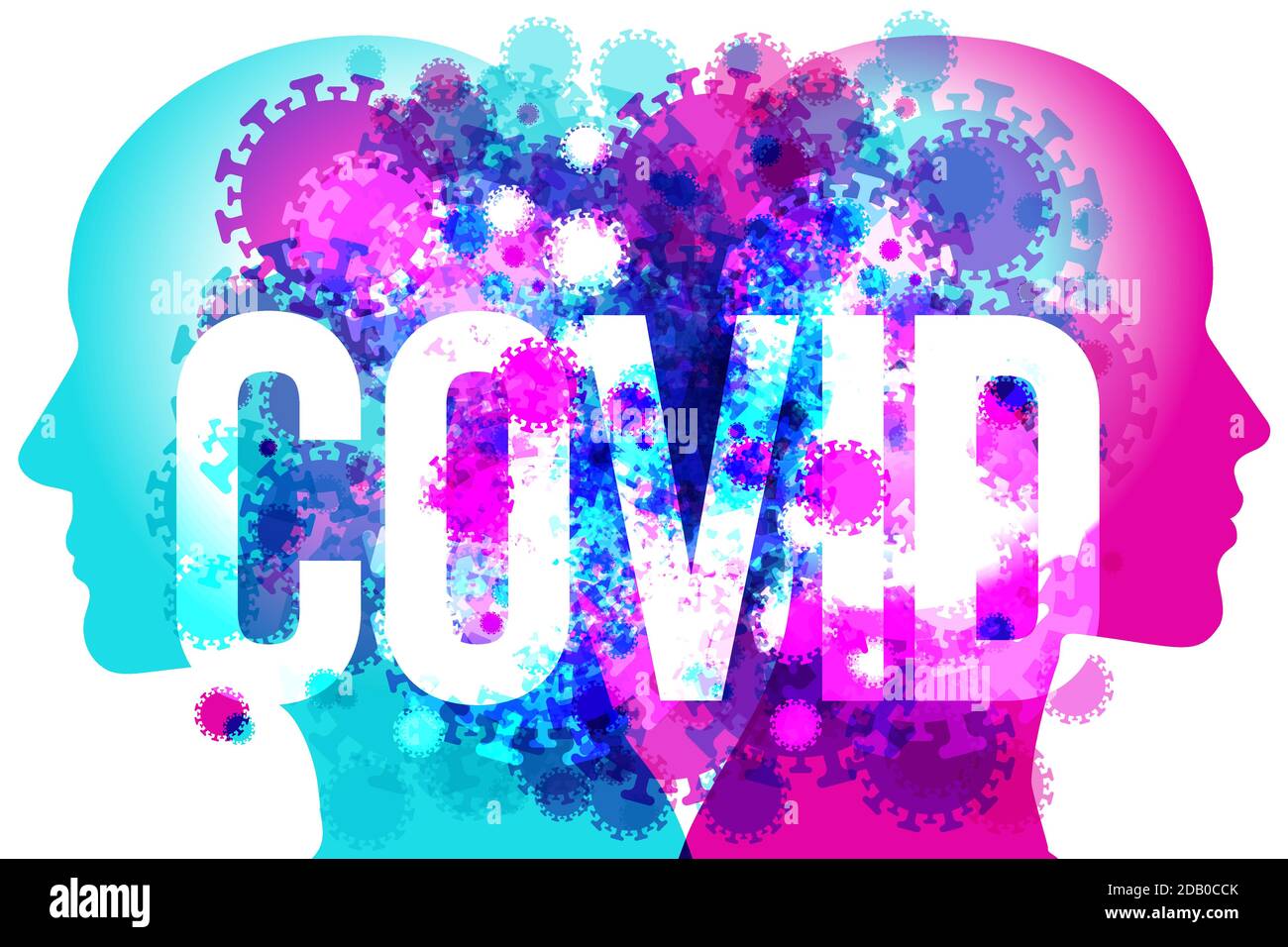 Eine männliche & weibliche Rücken an Rücken Silhouette mit verschiedenen Größen semi-transparente Coronavirus Formen überlagert. Das Wort „COVID“ wird zentral platziert. Stock Vektor