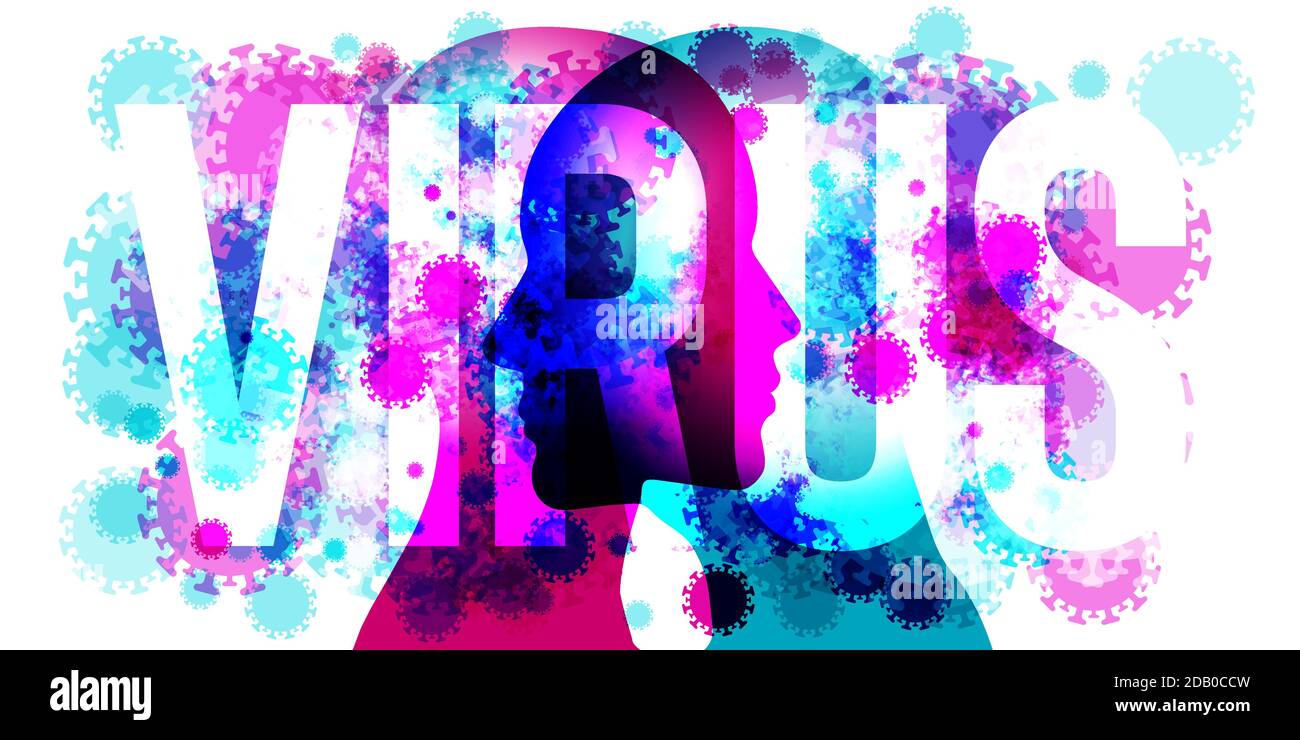 Eine männliche und weibliche Silhouette, die von Angesicht zu Angesicht positioniert ist, überlagert mit unterschiedlich großen, sich überlappenden Coronavirus-Formen. Das Wort „VIRUS“ wird zentral platziert. Stock Vektor