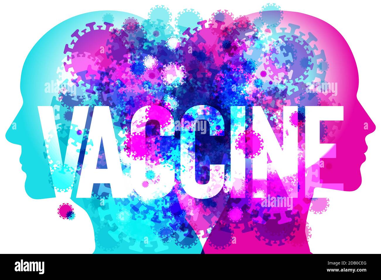 Eine männliche & weibliche Rücken an Rücken Silhouette mit verschiedenen Größen semi-transparente Coronavirus Formen überlagert. Das Wort „IMPFSTOFF“ ist zentral platziert. Stock Vektor