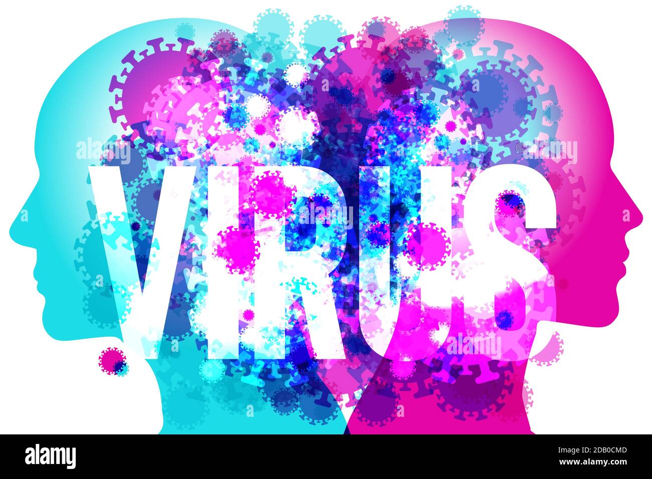 Eine männliche & weibliche Rücken an Rücken Silhouette mit verschiedenen Größen semi-transparente Coronavirus Formen überlagert. Das Wort „VIRUS“ ist zentral platziert. Stock Vektor