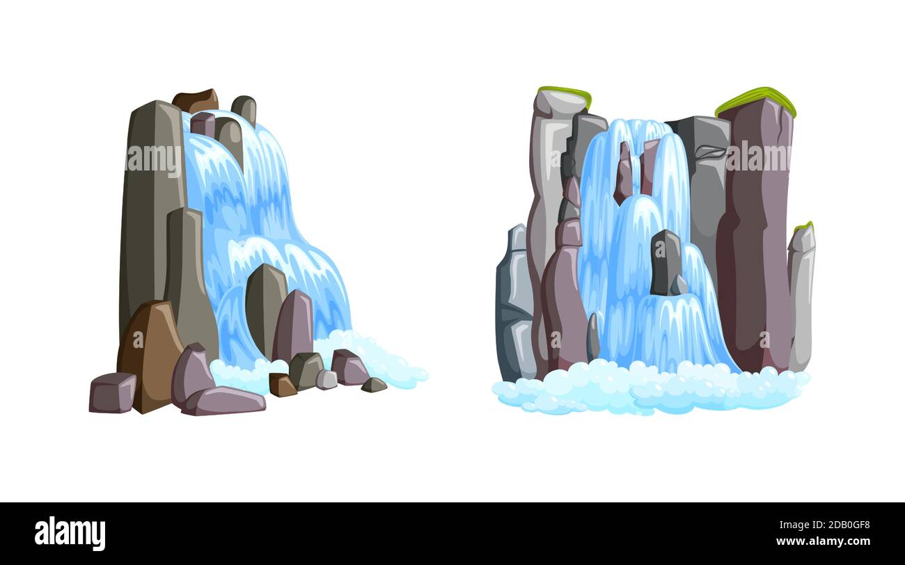Wasserfall Kaskaden in den Bergen mit Vorder- und Seitenblick. Wasserfälle isoliert in weißem Hintergrund. Vektorgrafik im Cartoon-Stil Stock Vektor