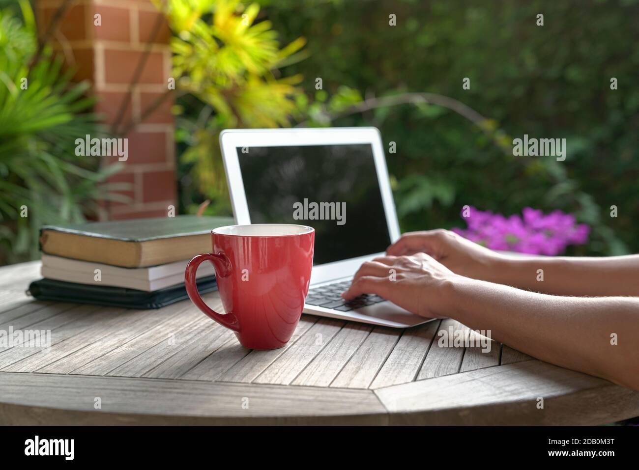 Frau tippen auf Computer-Laptop mit Büchern auf dem Tisch, Fokus auf rote Tasse. Studie zu Hause Konzept. Stockfoto