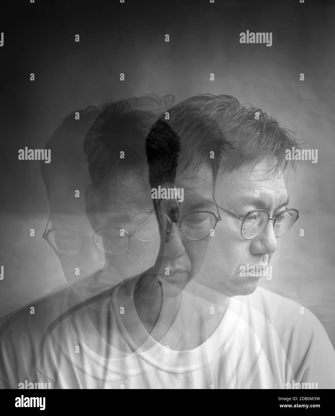 Psychische Gesundheit Konzept, Mischen drei Fotos von einem traurig aussehenden Mann, um Stimmung von Depression oder bipolar zu vermitteln Stockfoto