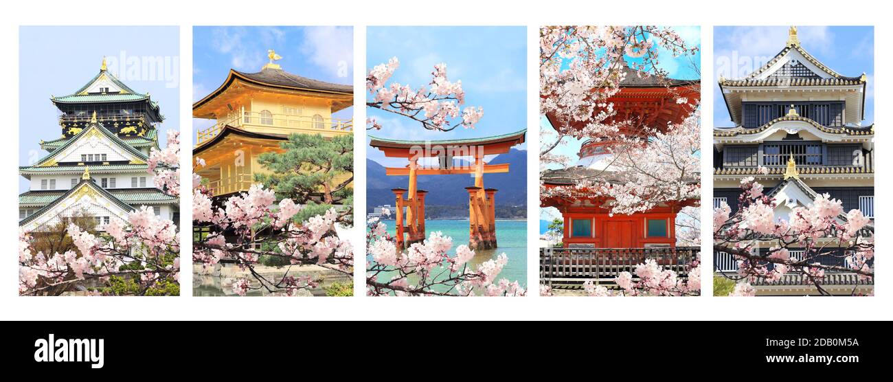 Hanami-Festival. Sakura-Blütezeit in Japan. Set von vertikalen Bannern mit Wahrzeichen von Japan. Goldener Pavillon (Kinkaku-ji Tempel) in Kyoto, O-Tori Stockfoto
