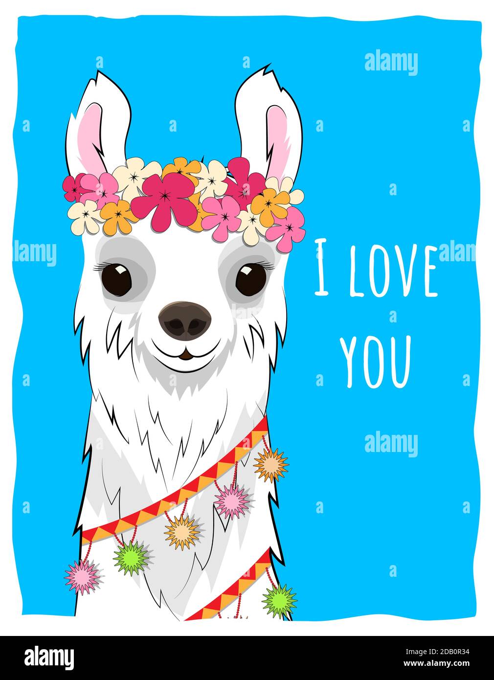 Eine Karte mit weißem Lama auf blauem Hintergrund und der Aufschrift Ich liebe dich. Stockfoto