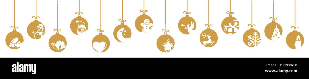 Sammlung von hängenden Kugeln gefärbt Gold mit verschiedenen abstrakten Symbole für Weihnachten und Winter Konzepte Stock Vektor