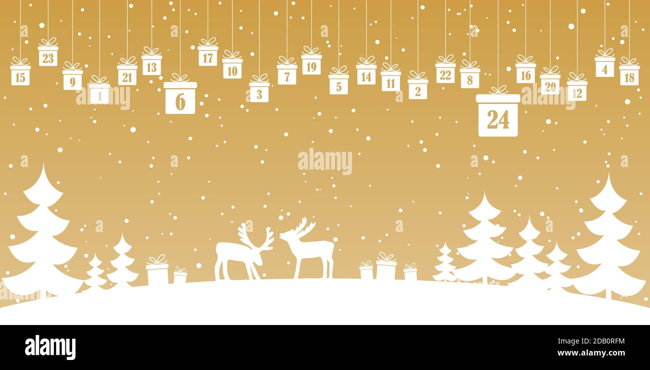 Hängende weihnachtsgeschenke farbig weiß mit Zahlen 1 bis 24 zeigt  Adventskalender für Weihnachten und Winterzeit Konzepte, goldene Natur  Hintergrund mit Stock-Vektorgrafik - Alamy