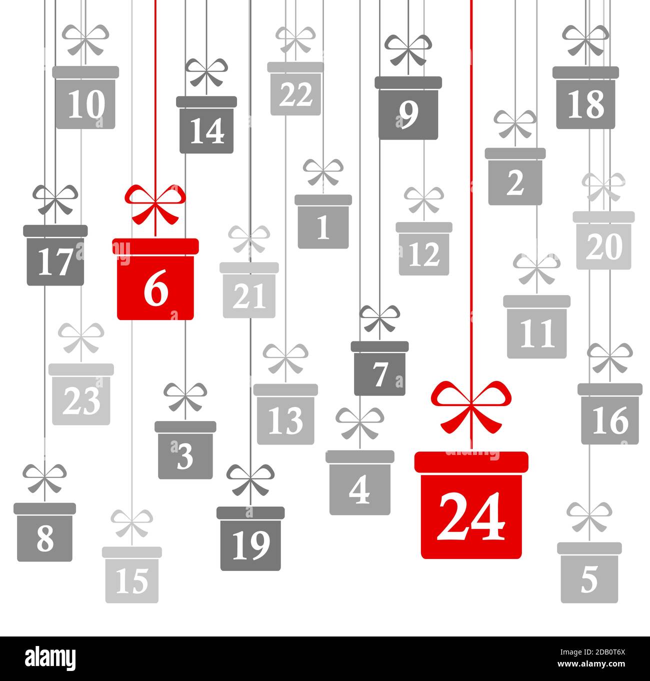Hängende weihnachtsgeschenke grau mit den Zahlen 1 bis 24 gefärbt Zeigt Adventskalender für Weihnachten und Winterzeitkonzepte Panorama Stil Stock Vektor