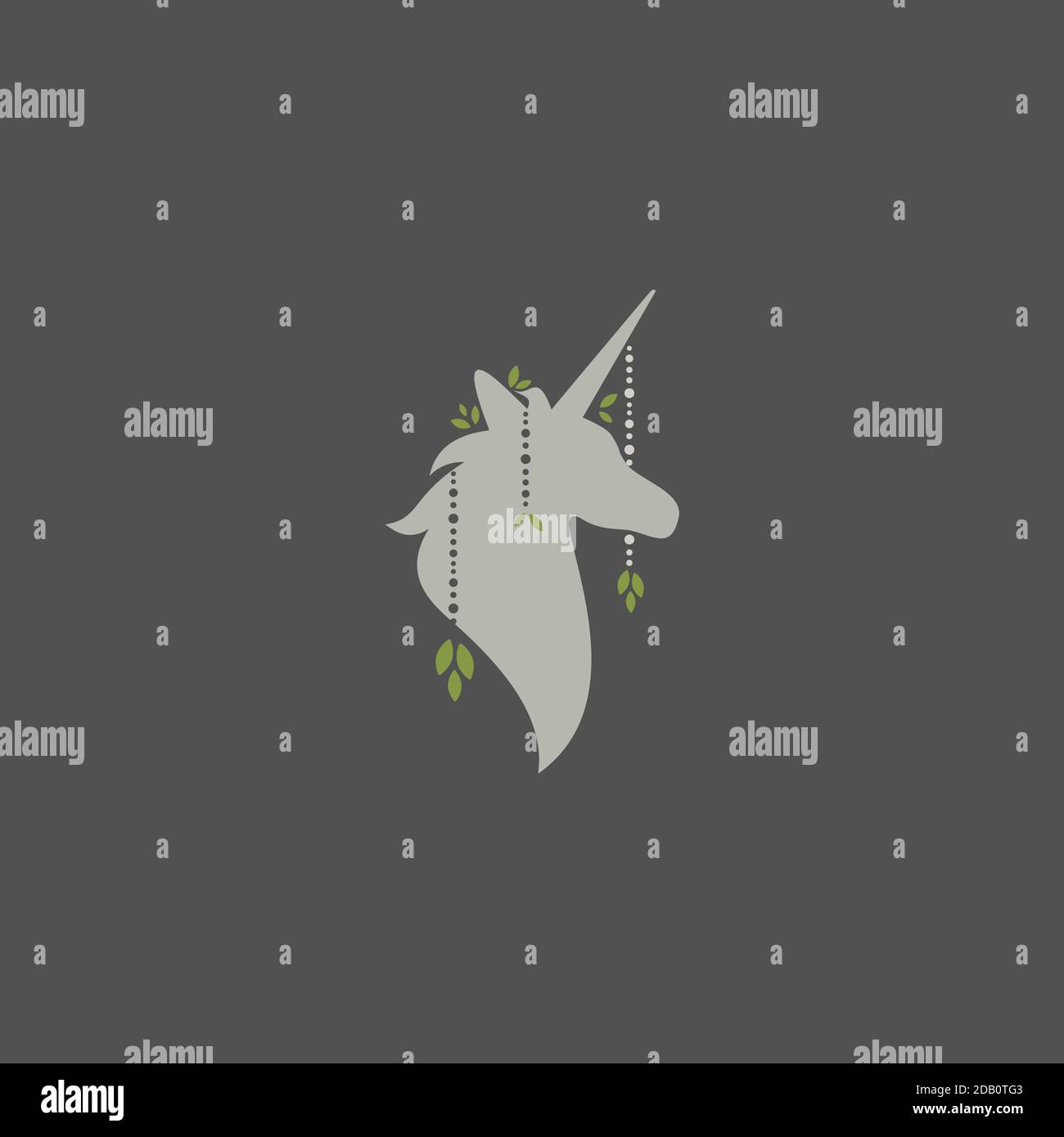 Schöne Boho-Karte mit Silhouette von Einhorn Kopf mit Perlen und grünen Blättern. Wilde Natur Komposition auf grau. Ethnische Illustration. Fantasie, Fee Stock Vektor