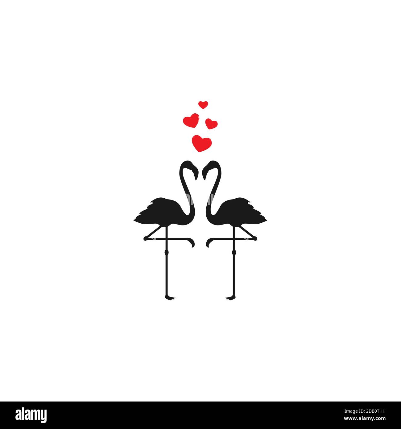 Schwarze Flamingos mit Herz-Ikone isoliert auf Weiß. Vektorgrafik flach. PET-Symbol. Liebe, romantische Ikone. Valentinstag, Geburtstag oder Weihnachten ic Stock Vektor