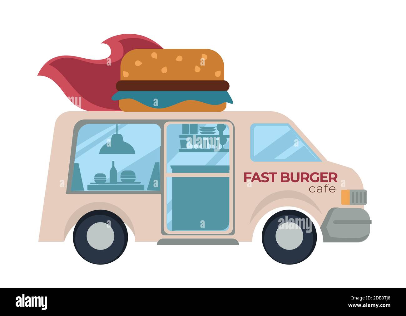 Fast Burger Cafe Food Truck mit Hamburger oder Cheeseburger auf Dach Stock Vektor