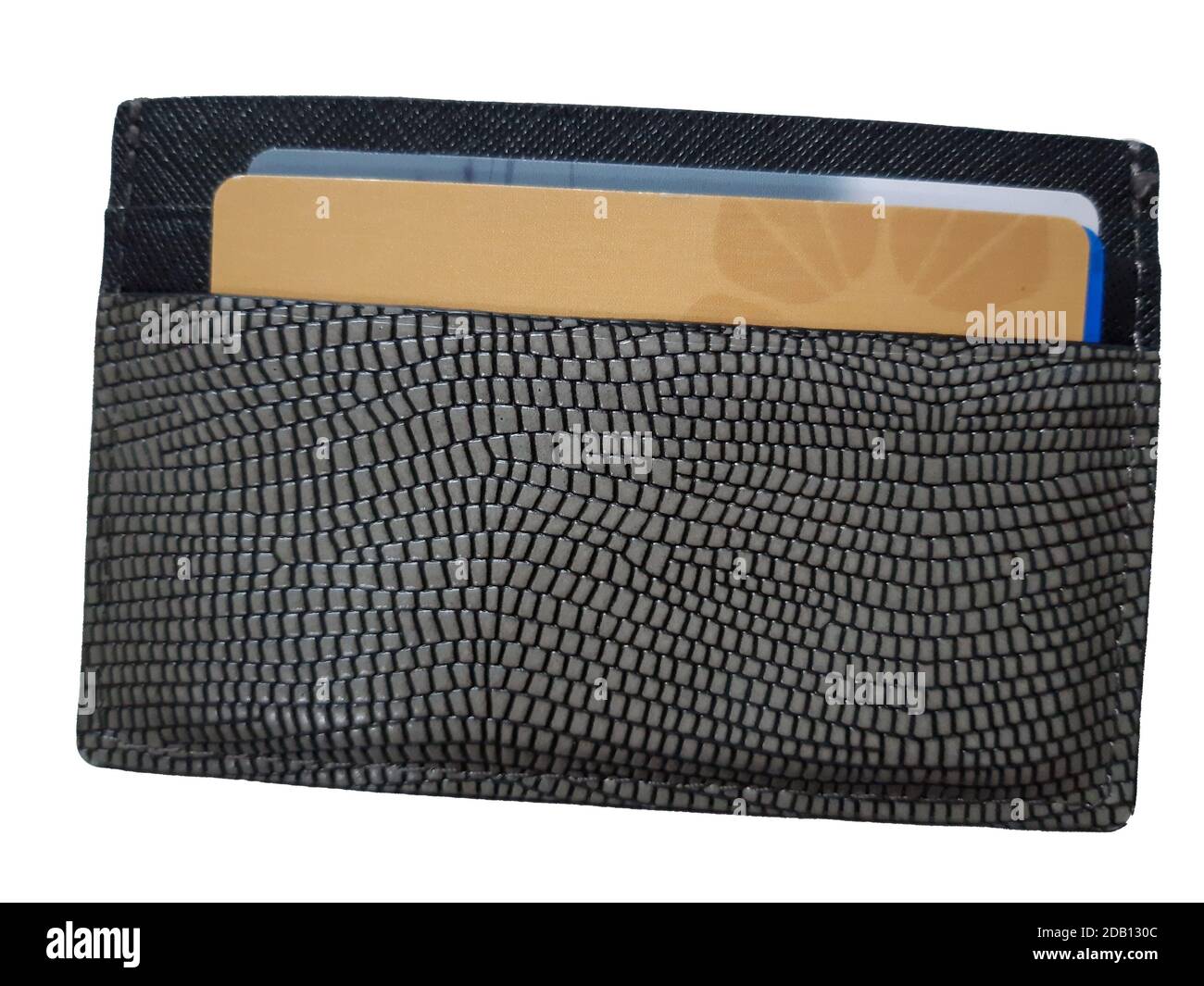 Schwarze Leder-Geldbörse, die isoliert auf weißem Hintergrund Stockfoto