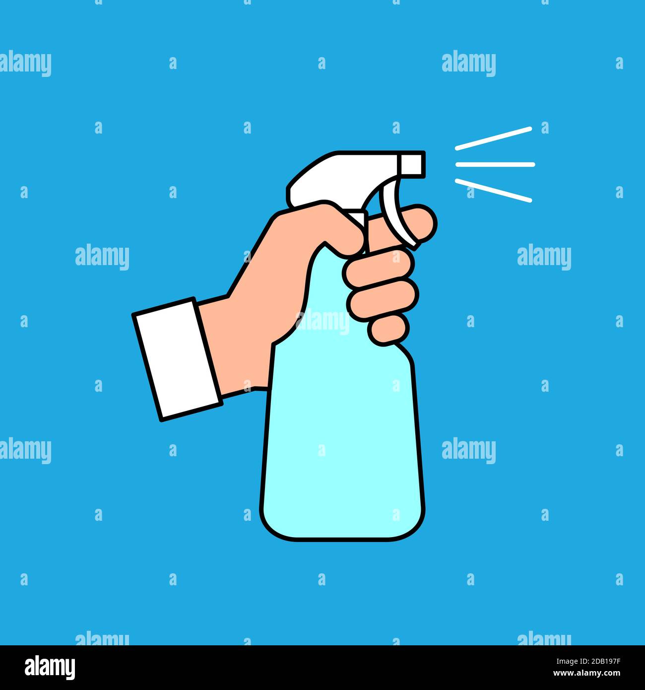 Hand hält eine Desinfektionsspray-Flasche. Reinigung, Desinfektionskonzept. Antiseptische Flüssigkeit für Coronavirus, COVID-19 Prävention. 70 % Alkohol. Vektor Stock Vektor
