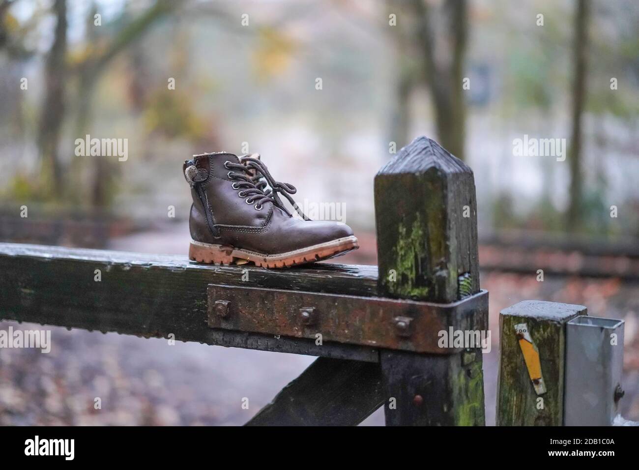 Ein verlorener, brauner Wanderstiefel wurde im britischen Wald im Freien gelassen, isoliert auf einem Landtor bei strömendem Regen. Stockfoto