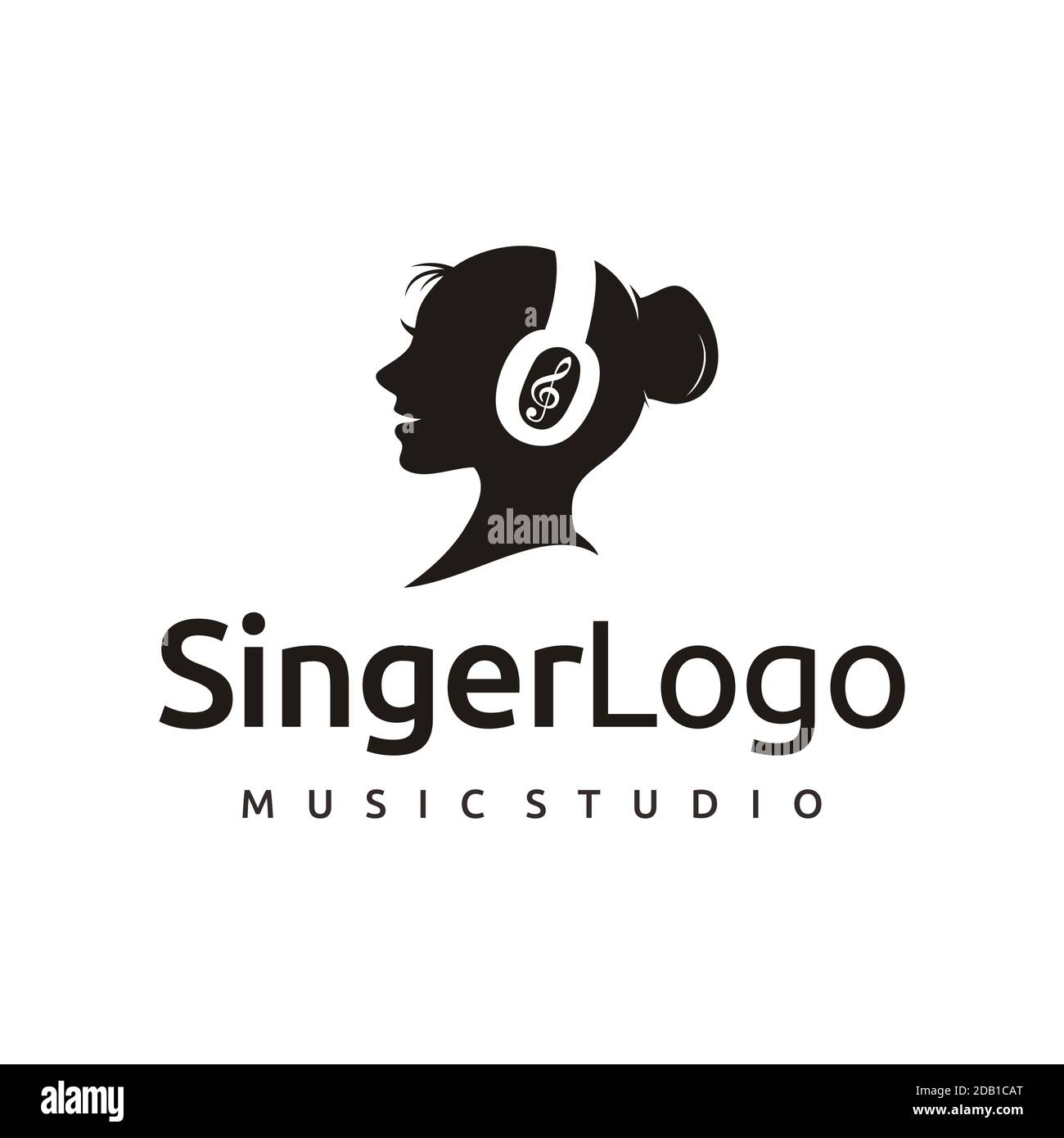 Sängerin mit Headset und Musiknoten - Gesangsfrau Kopf Face Silhouette Logo Design Stock Vektor