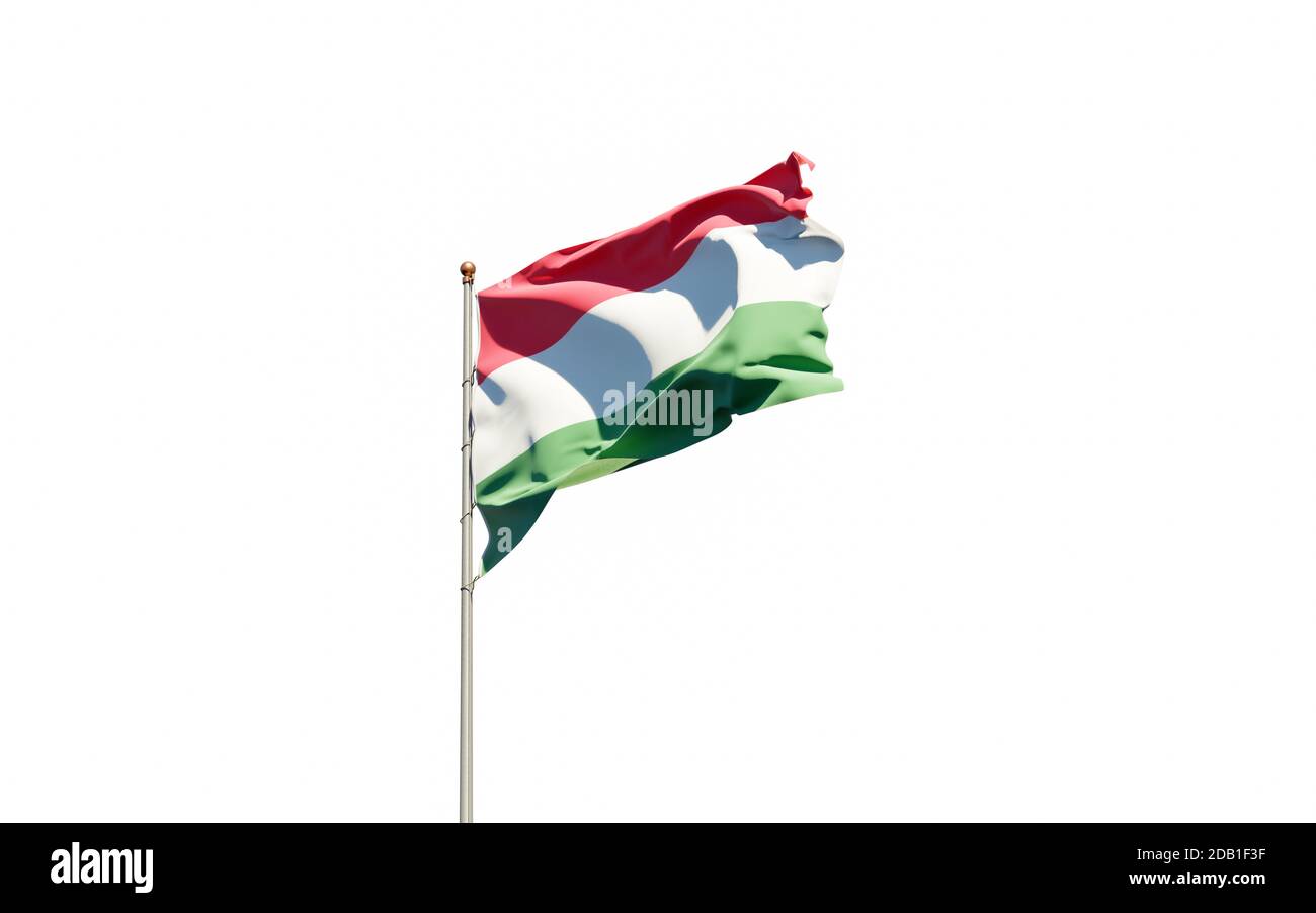 Schöne Nationalflagge von Ungarn flatternd auf weißem Hintergrund. 3D-Grafik für Nahaufnahme mit niedrigem Winkel. Stockfoto