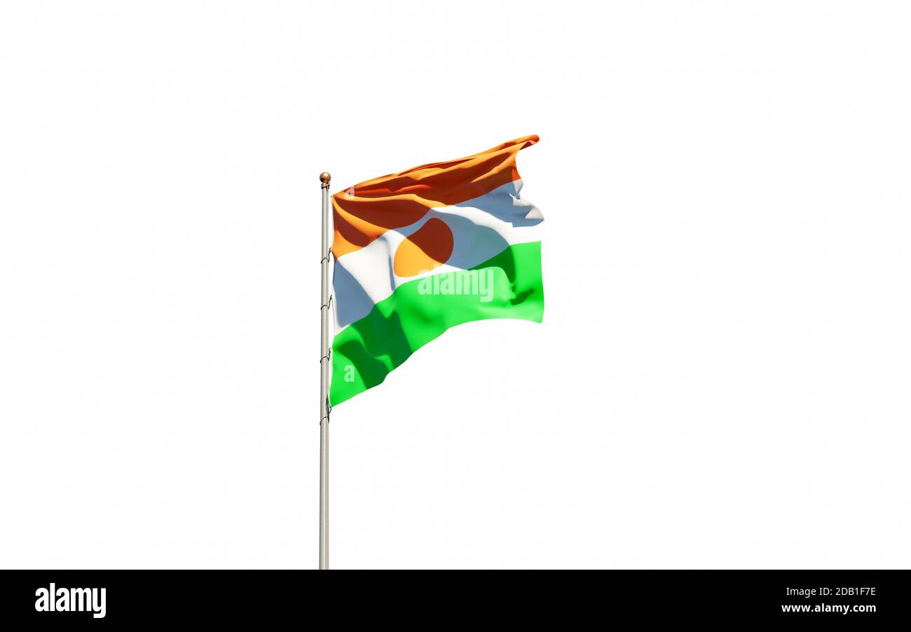 Schöne Nationalflagge von Niger auf weißem Hintergrund. Isolierte Nahaufnahme Flag 3D-Grafik. Stockfoto