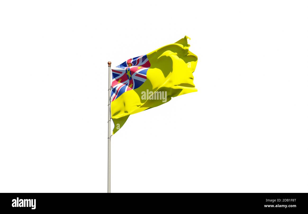 Schöne Nationalflagge von Niue auf weißem Hintergrund. Isolierte Nahaufnahme Flag 3D-Grafik. Stockfoto