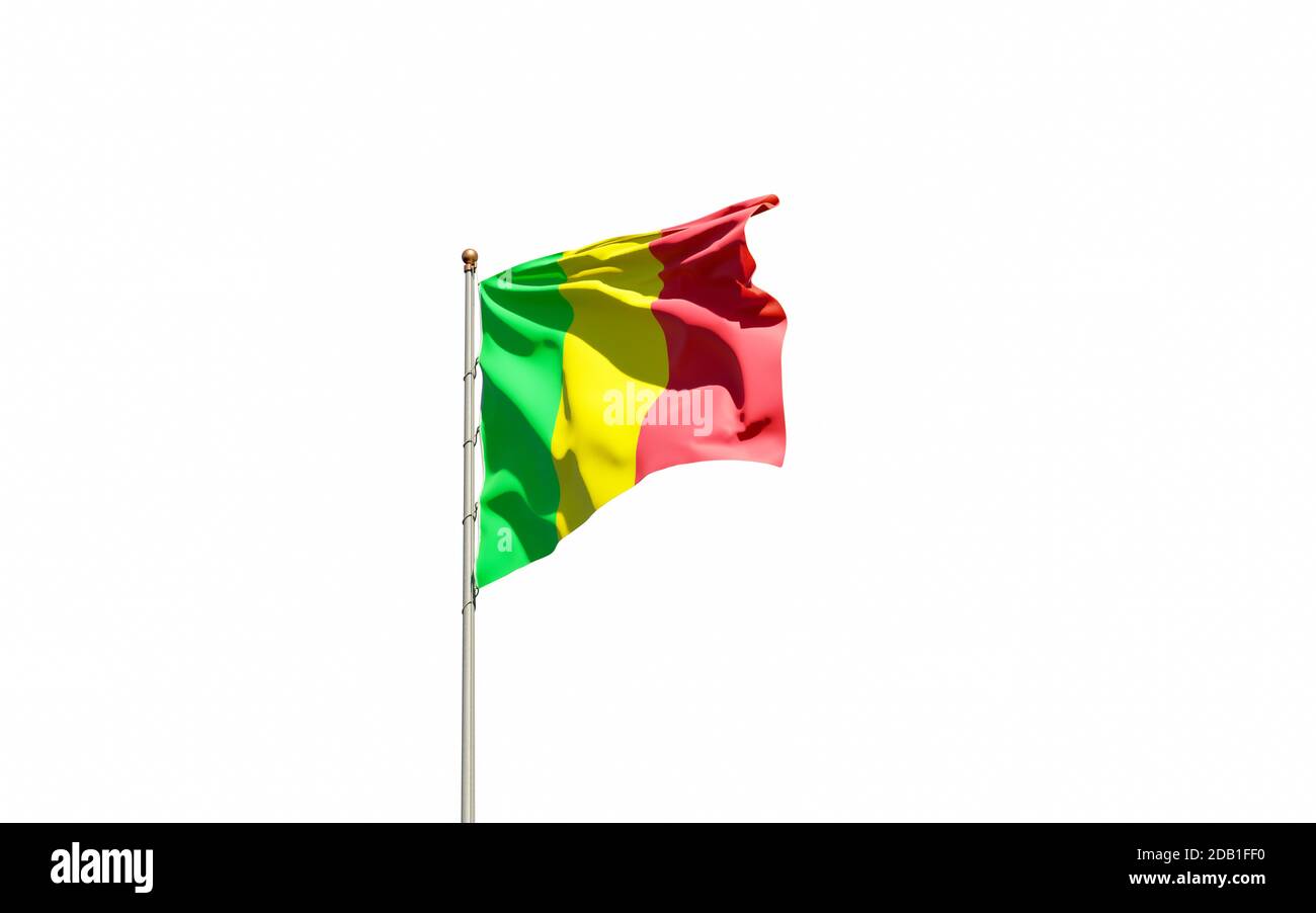 Schöne Nationalflagge von Mali auf weißem Hintergrund. Isolierte Nahaufnahme Flag 3D-Grafik. Stockfoto
