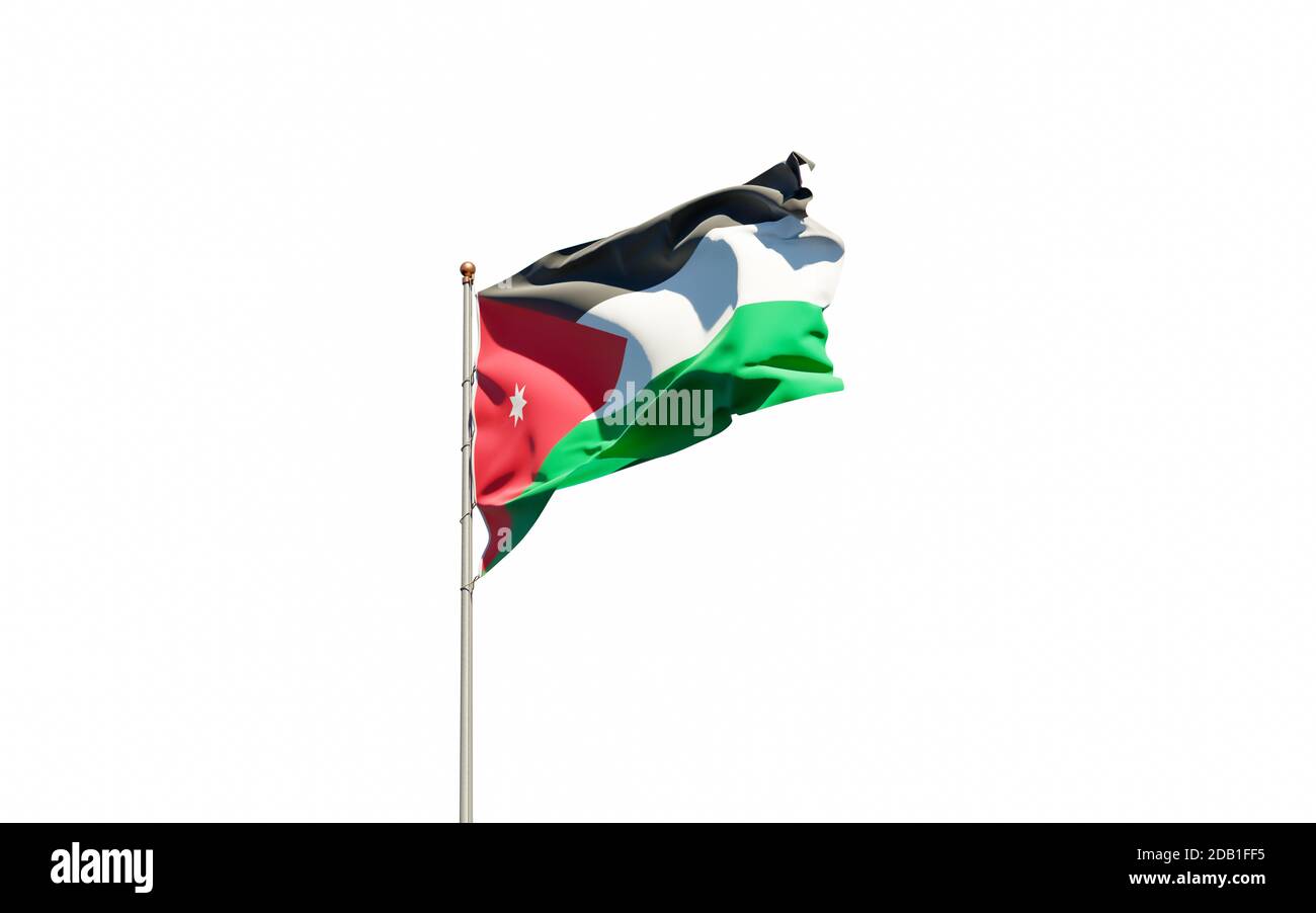 Schöne Nationalstaaten Flagge von Jordanien auf weißem Hintergrund. Isolierte Nahaufnahme Flag 3D-Grafik. Stockfoto